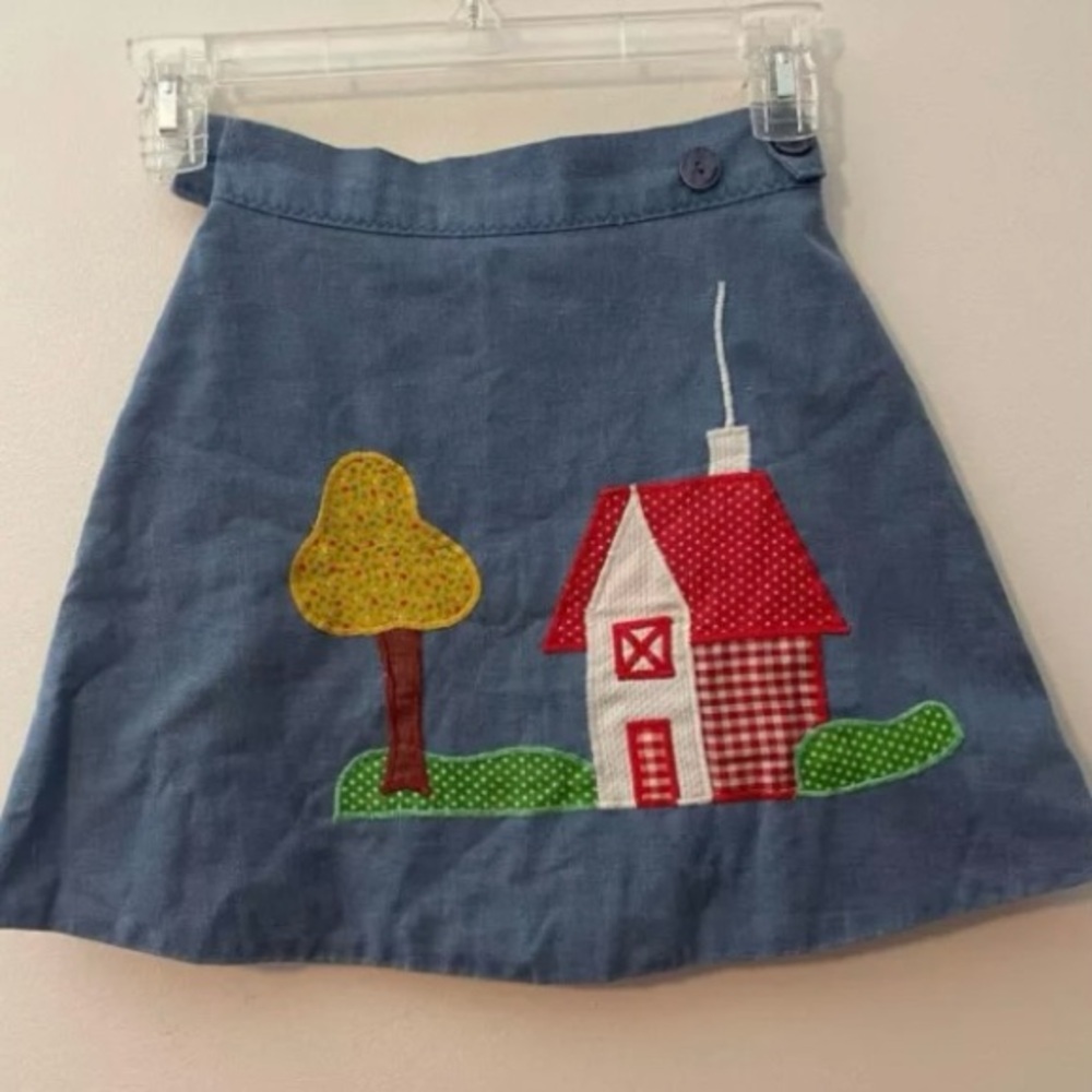 Blue Denim Skirt with Red House Appliqué